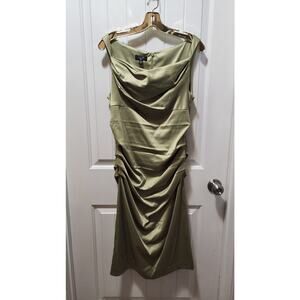 Suzi Chin Maggy Boutique Midi Dress Women's 12 Green Satin Sheath Ruched Stretch